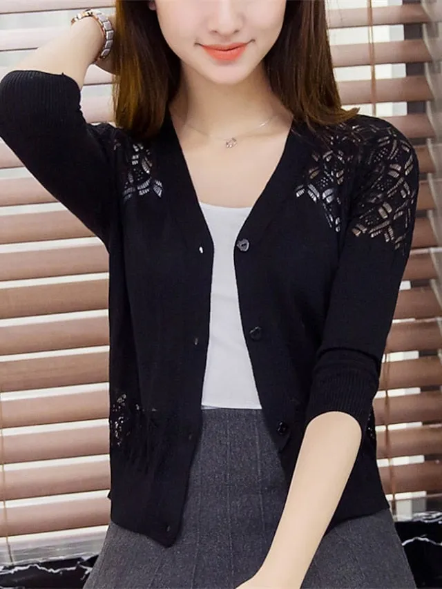 Women's Shrug Knitted Button Pure Color Stylish Elegant Casual 3/4 Length Sleeve Sweater Cardigans V Neck Spring Summer Blue White Black